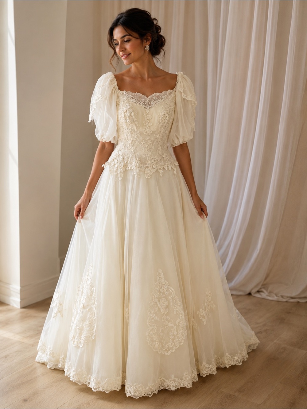 “C2” Vintage Ivory Lace Ball Gown 1980 Wedding Dress with Puff Sleeves